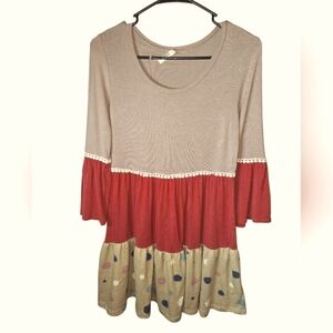 Colorful Tiered Dress with Polka Dots & Bell Sleeves, Medium